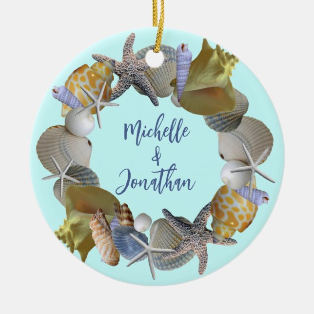 Seashell Wreath Names and Year Ornament (Front)