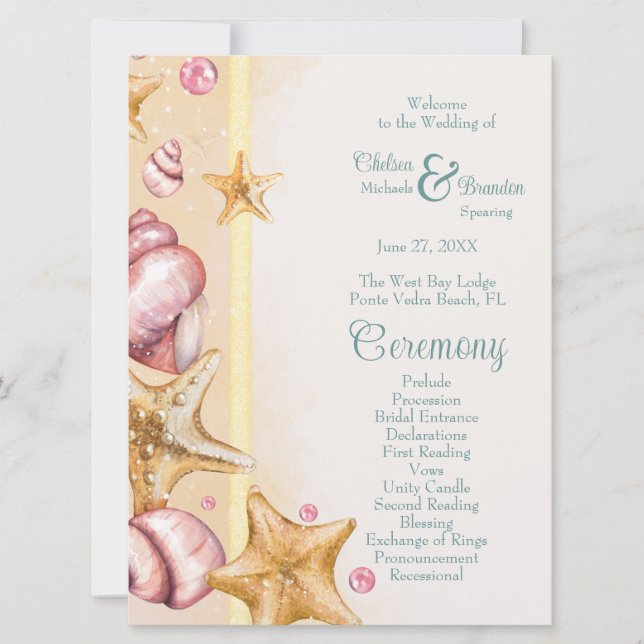 Seashells and Aqua Coloured Accents Wedding Progra Invitation (Front)