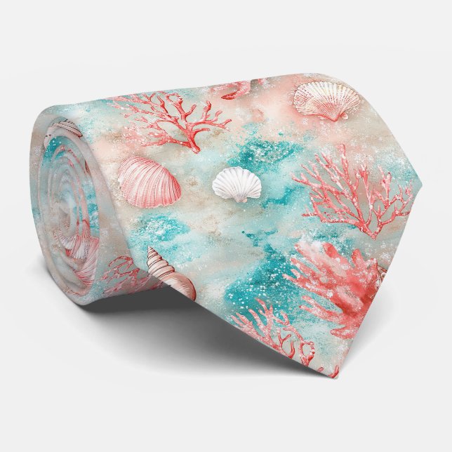 Seashells and Ocean Waves Pattern (11) Tie (Rolled)