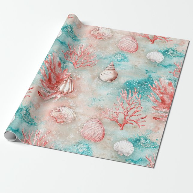 Seashells and Ocean Waves Pattern (11) Wrapping Paper (Unrolled)