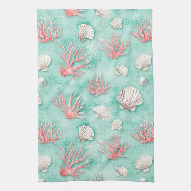 Seashells and Ocean Waves Pattern (12) Tea Towel (Vertical)