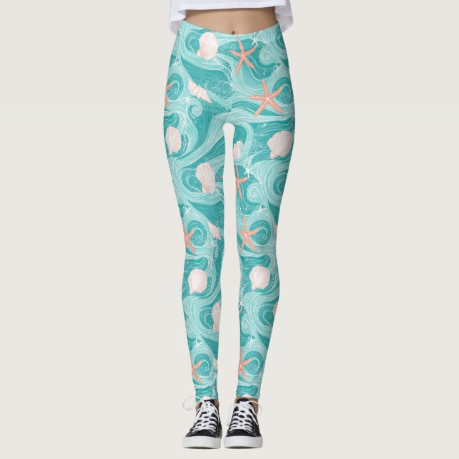 Seashells and Ocean Waves Pattern (13) Leggings (Front)