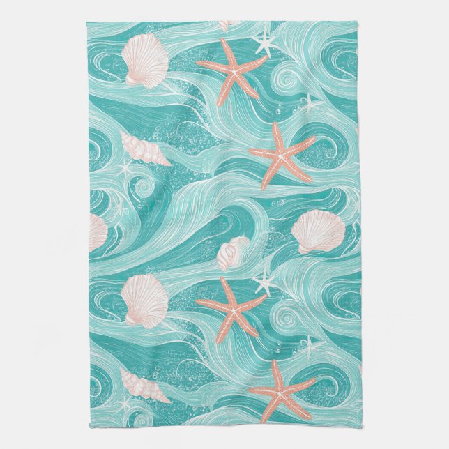 Seashells and Ocean Waves Pattern (13) Tea Towel (Vertical)