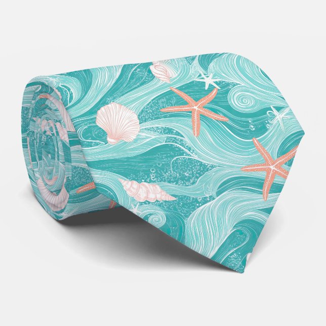 Seashells and Ocean Waves Pattern (13) Tie (Rolled)