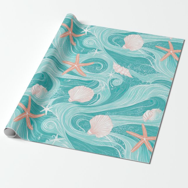 Seashells and Ocean Waves Pattern (13) Wrapping Paper (Unrolled)