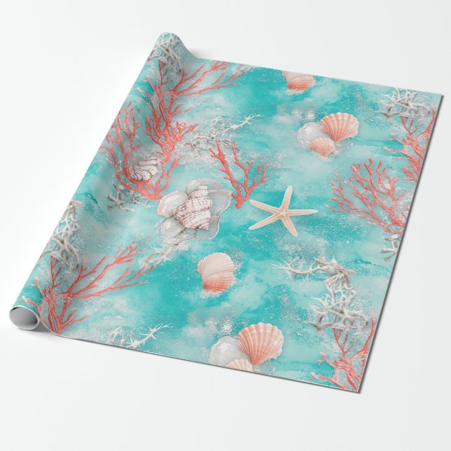 Seashells and Ocean Waves Pattern (15) Wrapping Paper (Unrolled)