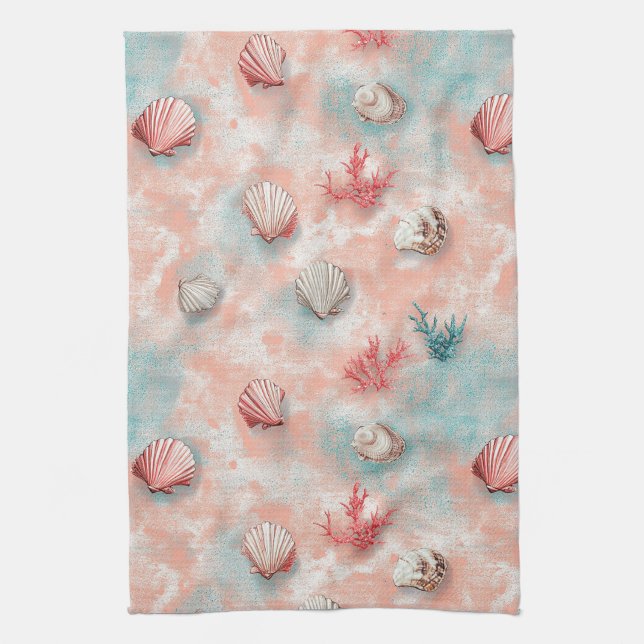 Seashells and Ocean Waves Pattern (16) Tea Towel (Vertical)