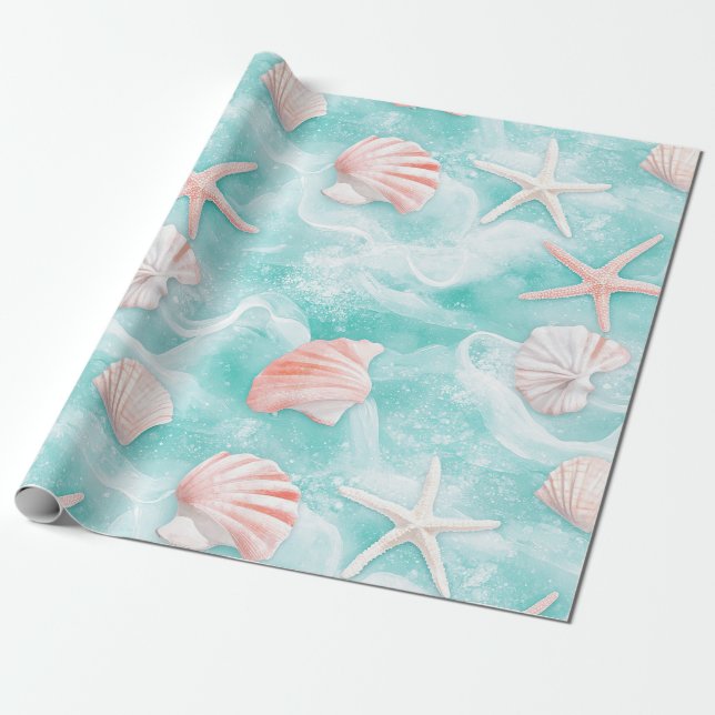 Seashells and Ocean Waves Pattern (1) Wrapping Paper (Unrolled)
