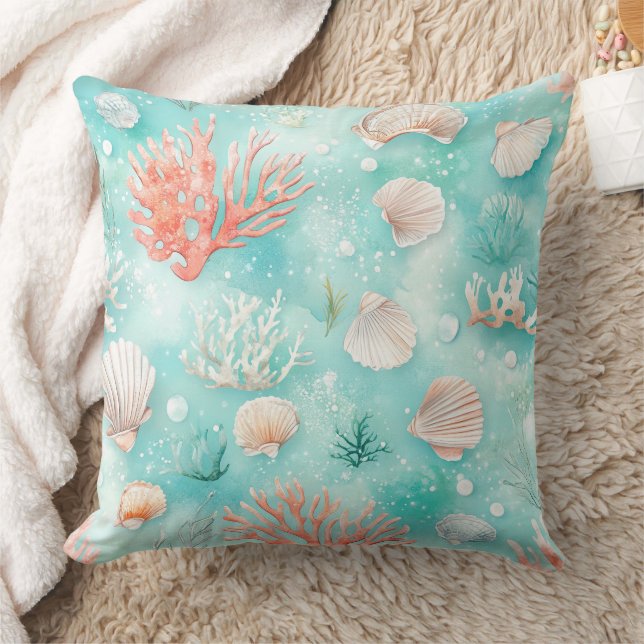 Seashells and Ocean Waves Pattern (2) Cushion (Blanket)