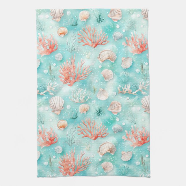 Seashells and Ocean Waves Pattern (2) Tea Towel (Vertical)