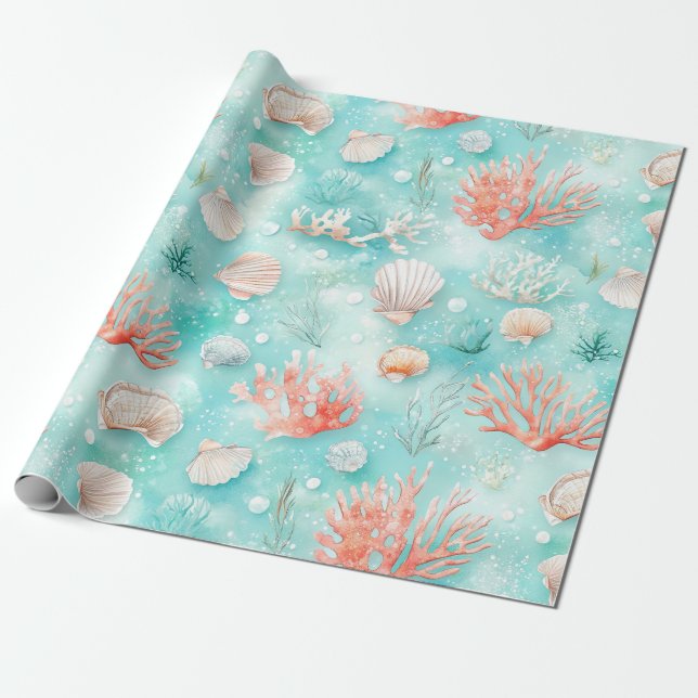 Seashells and Ocean Waves Pattern (2) Wrapping Paper (Unrolled)