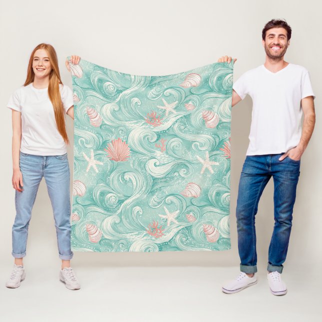 Seashells and Ocean Waves Pattern (3) Fleece Blanket (In Situ)