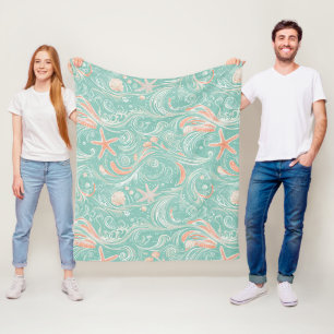 Seashells and Ocean Waves Pattern (4) Fleece Blanket
