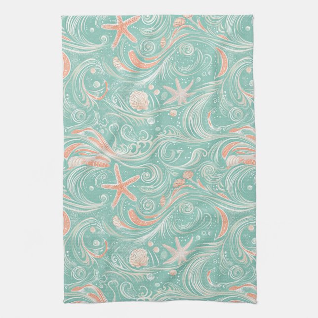 Seashells and Ocean Waves Pattern (4) Tea Towel (Vertical)