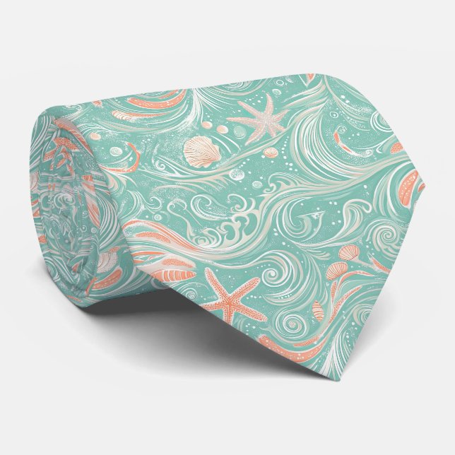 Seashells and Ocean Waves Pattern (4) Tie (Rolled)