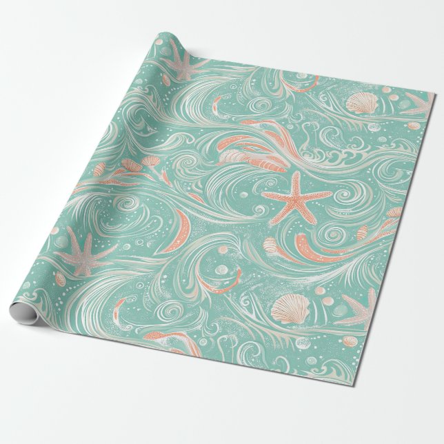 Seashells and Ocean Waves Pattern (4) Wrapping Paper (Unrolled)