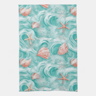 Seashells and Ocean Waves Pattern (5) Tea Towel