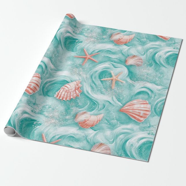 Seashells and Ocean Waves Pattern (5) Wrapping Paper (Unrolled)