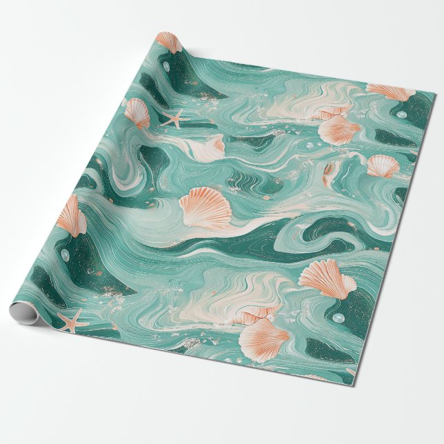 Seashells and Ocean Waves Pattern (6) Wrapping Paper (Unrolled)