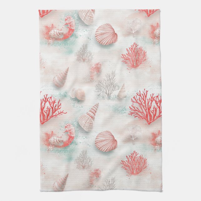 Seashells and Ocean Waves Pattern (7) Tea Towel (Vertical)
