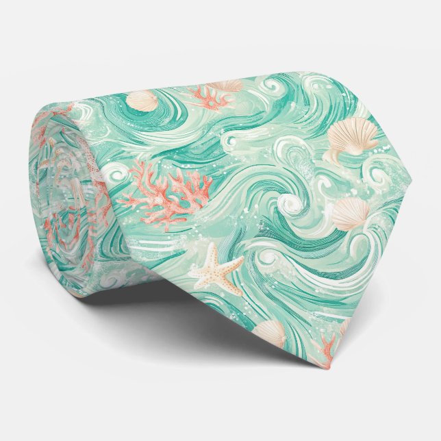 Seashells and Ocean Waves Pattern (8) Tie (Rolled)