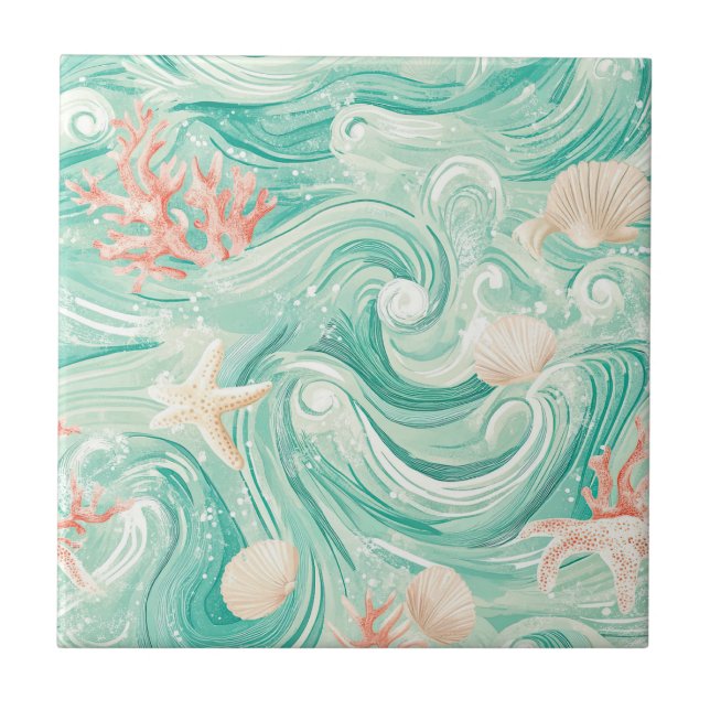 Seashells and Ocean Waves Pattern (8) Tile (Front)
