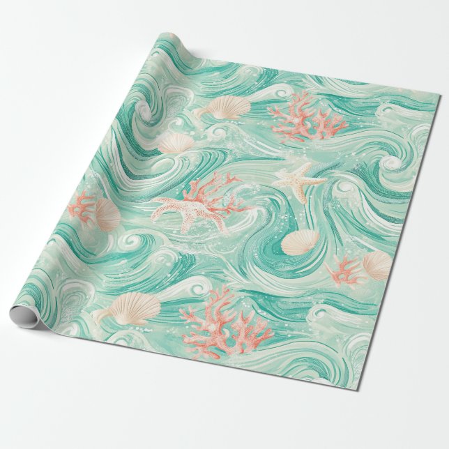 Seashells and Ocean Waves Pattern (8) Wrapping Paper (Unrolled)