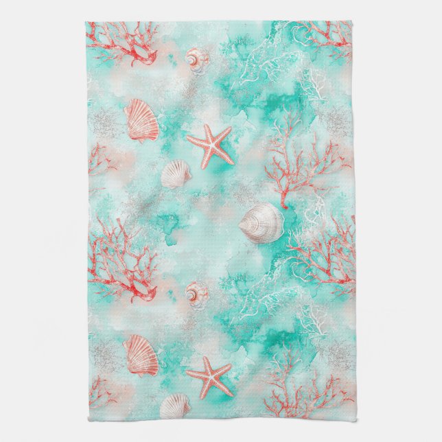 Seashells and Ocean Waves Pattern (9) Tea Towel (Vertical)