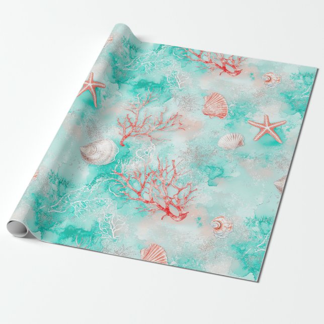 Seashells and Ocean Waves Pattern (9) Wrapping Paper (Unrolled)