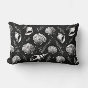 Seashells and Seaweed in Black and White  Lumbar Cushion