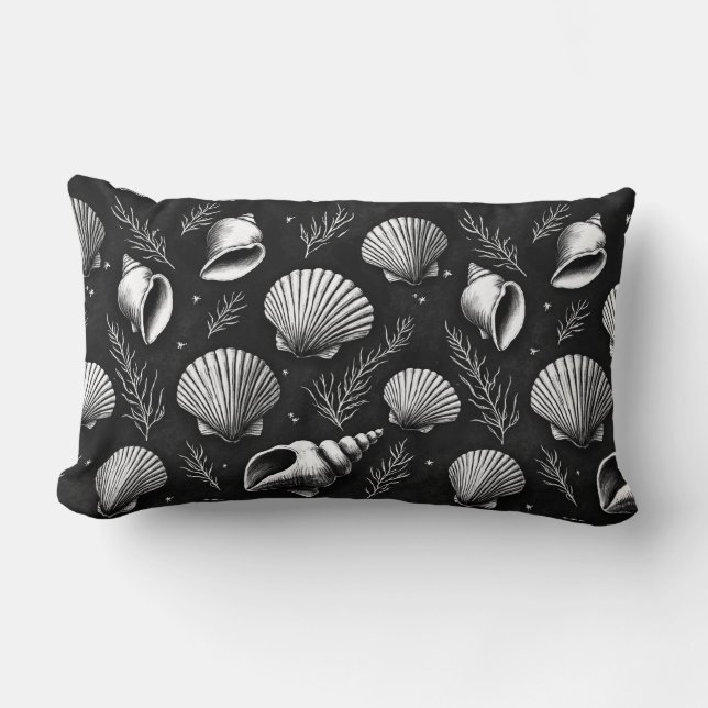 Seashells and Seaweed in Black and White  Lumbar Cushion (Front)