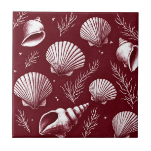 Seashells and Seaweed in Maroon and White  Tile