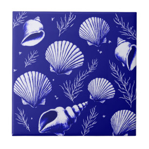 Seashells and Seaweed in Navy Blue and White  Tile