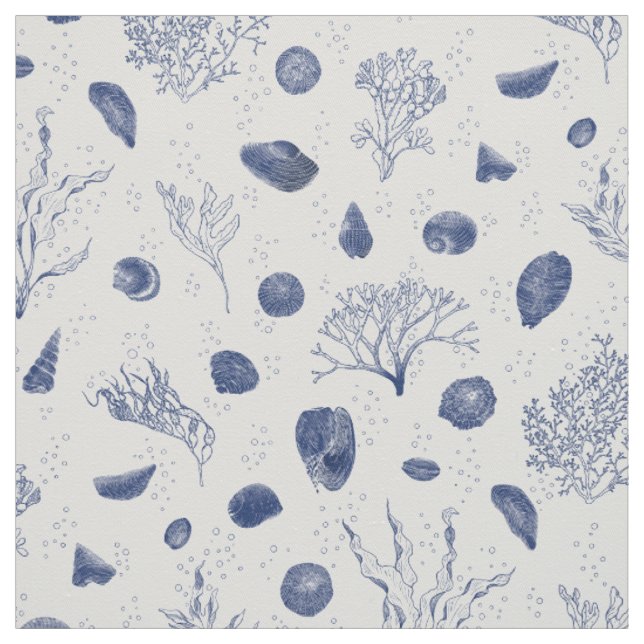 Seashells and Seaweed Navy and White Fabric (Swatch)