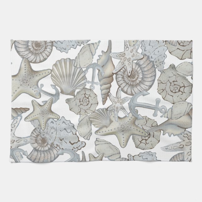 Seashells And Ship Anchor Treasure Hunt Fun Tea Towel (Horizontal)