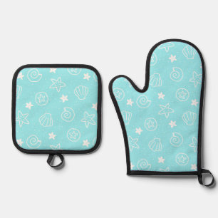 Seashells and Starfish Light Blue Pattern Oven Mitt & Pot Holder Set