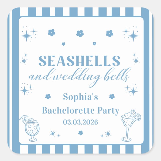 Seashells and Wedding Bells Bachelorette Party Square Sticker (Front)