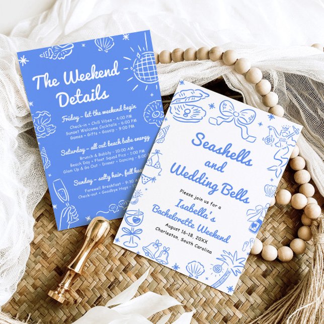 Seashells and Wedding Bells Bachelorette Weekend Invitation (Seashells and Wedding Bells Blue Coastal Bachelorette Weekend Invitation)