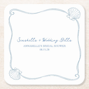 Seashells and Wedding Bells Coastal Bridal Shower Square Paper Coaster
