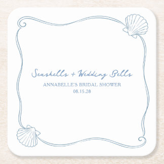 Seashells and Wedding Bells Coastal Bridal Shower Square Paper Coaster