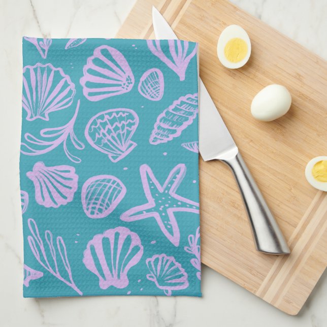 Seashells Aqua Lavender Pattern Beach Shells Chic  Tea Towel (Quarter Fold)
