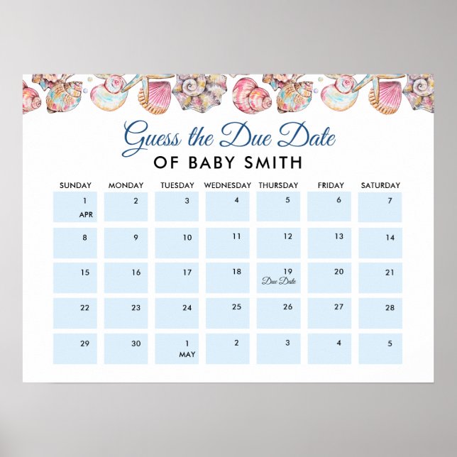 Seashells Baby Shower Due Date Poster (Front)