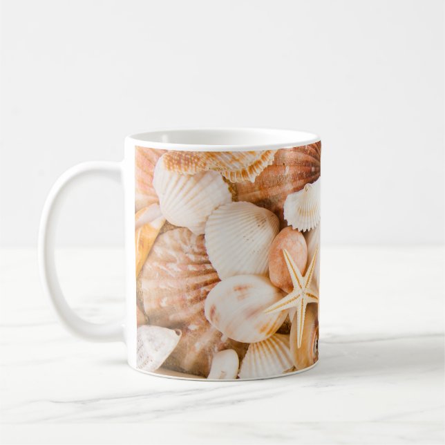 Seashells background: marine theme. coffee mug (Left)