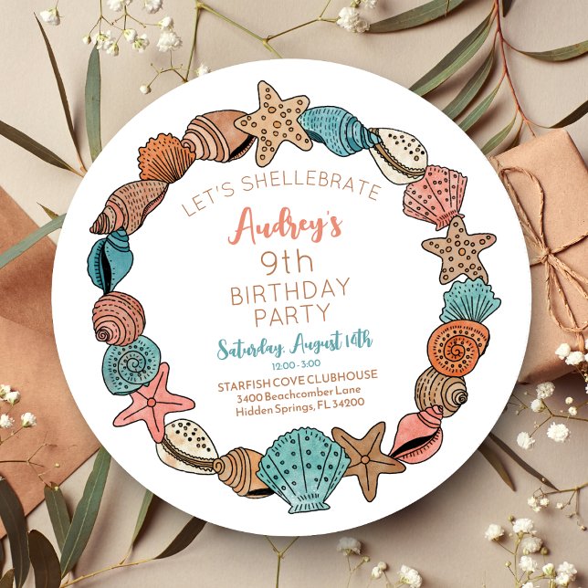 Seashells Beach Birthday Party Invitation (Seashell Illustration Beach Theme Birthday Party Invitation - Shellebration)