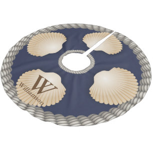 Seashells Beach Navy Blue & White Ropes Monogram Brushed Polyester Tree Skirt