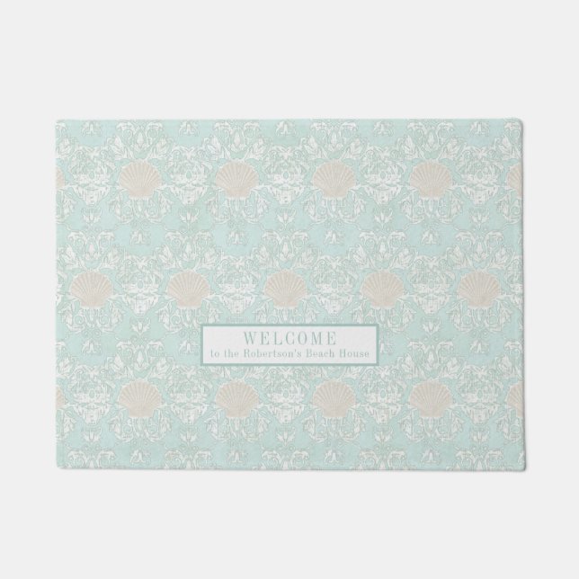 Seashells Beach Seaside Blue White Damask Pattern Doormat (Front)