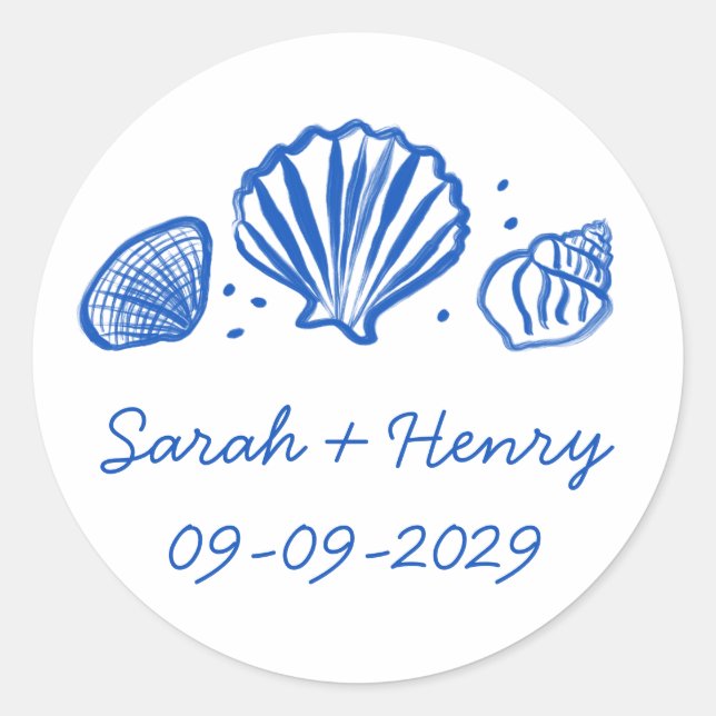 Seashells Beach Wedding Blue White CUSTOM  Classic Round Sticker (Front)
