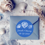 Seashells Beach Wedding Blue White CUSTOM  Classic Round Sticker<br><div class="desc">Perfect cute sticker for a fun wedding or engagement! Hand made art for you! Perfect for a wedding, seaside bridal shower, bachelorette party, engagement party, anniversary or even special birthday. FULLY CUSTOMIZABLE! Click on “Personalize” above to edit the text.. Click "edit using design tool" to adjust the fonts, colors and...</div>