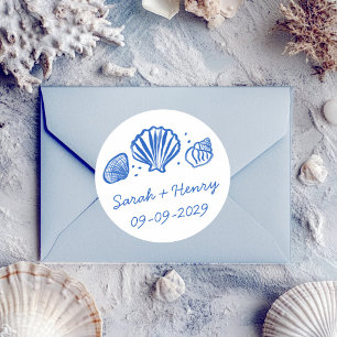 Seashells Beach Wedding Blue White CUSTOM Classic Round Sticker