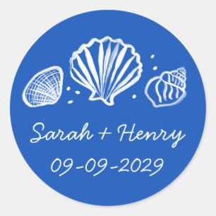 Seashells Beach Wedding Blue White CUSTOM  Classic Round Sticker